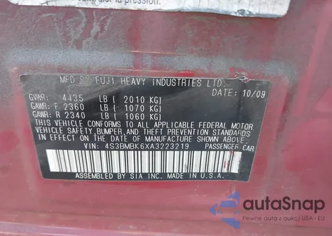 2010 Subaru Legacy 2.5I Limited из США, поврежденный, VIN 4S3BMBK6XA3223219